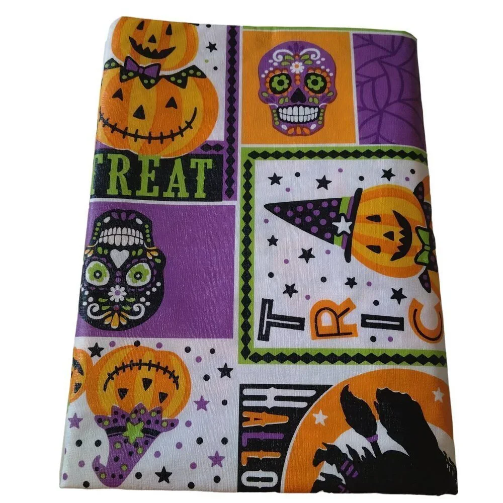 Halloween Tablecloth 54X68 Rectangle Pumpkins Skulls Black Vinyl Flannel Back